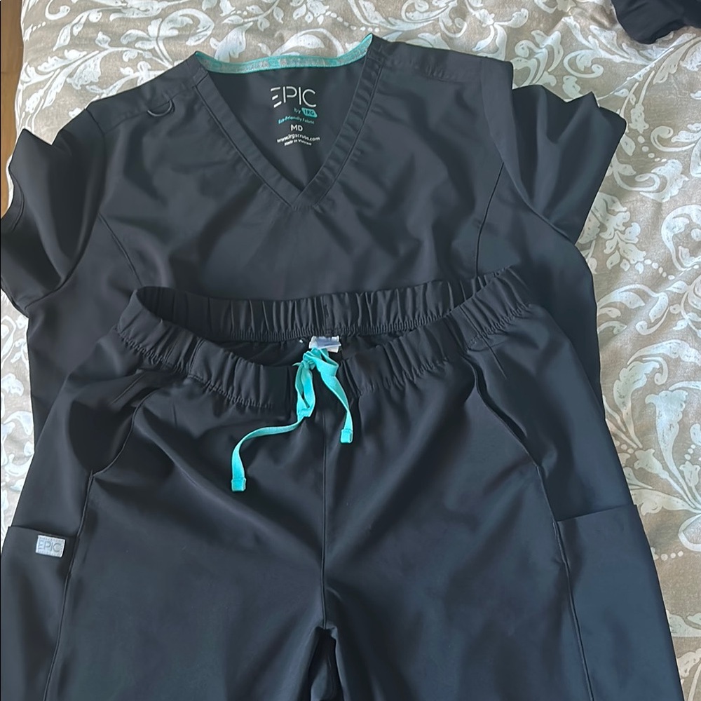 Epic Black Scrub Set with Teal Accents